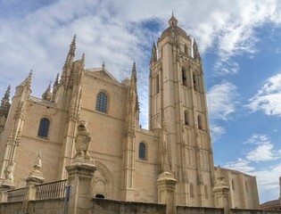 Low angle shot of the gothic renaissance cathedral of the capital and medieval city of Segovia,Spain