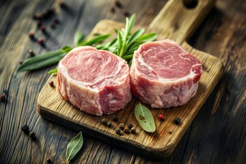 Two pieces of meat on a wooden cutting board