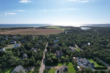 Aerial view of houses, green trees, and the ocean in the background. Katama, Martha's Vineyard