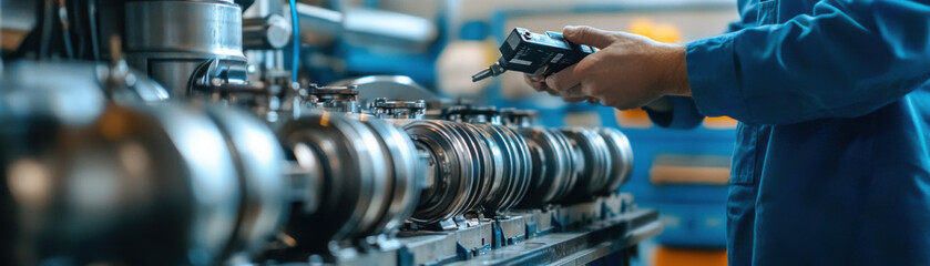 Fototapeta premium Mechanic performing precision measurement on industrial equipment, ensuring optimal performance and safety. focus is on intricate details of machinery and technicians expertise