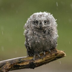 Young owl perched on a branch in the rain.
