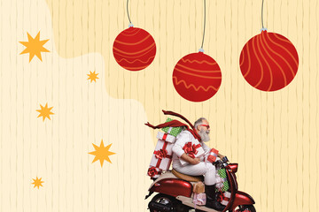 Composite trend artwork sketch image photo collage of winter holiday merry christmas new year ball decor aged man santa ride moped gift