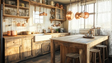 A rustic farmhouse kitchen with distressed wooden cabinets