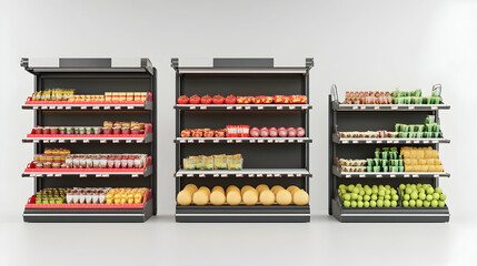 Supermarket promotional display rack featuring an empty product display in three different views  