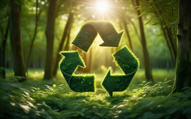 green recycling symbol on blurred forest background, sunlight