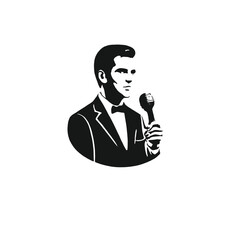 A black silhouette of a middle-aged Caucasian man holding a microphone