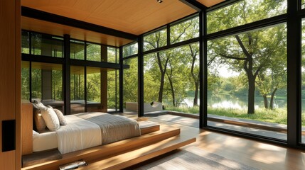 Modern Bedroom with Nature View and Large Windows