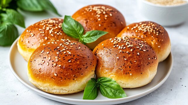 Brioche slider buns, isolated on a white plate background with decorative sesame seeds and fresh basil leaves