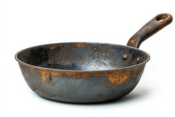 Black pot pan with rust spots isolated on a clean white background for kitchen use