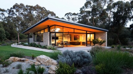 Modern House with Glass Walls in Nature Setting