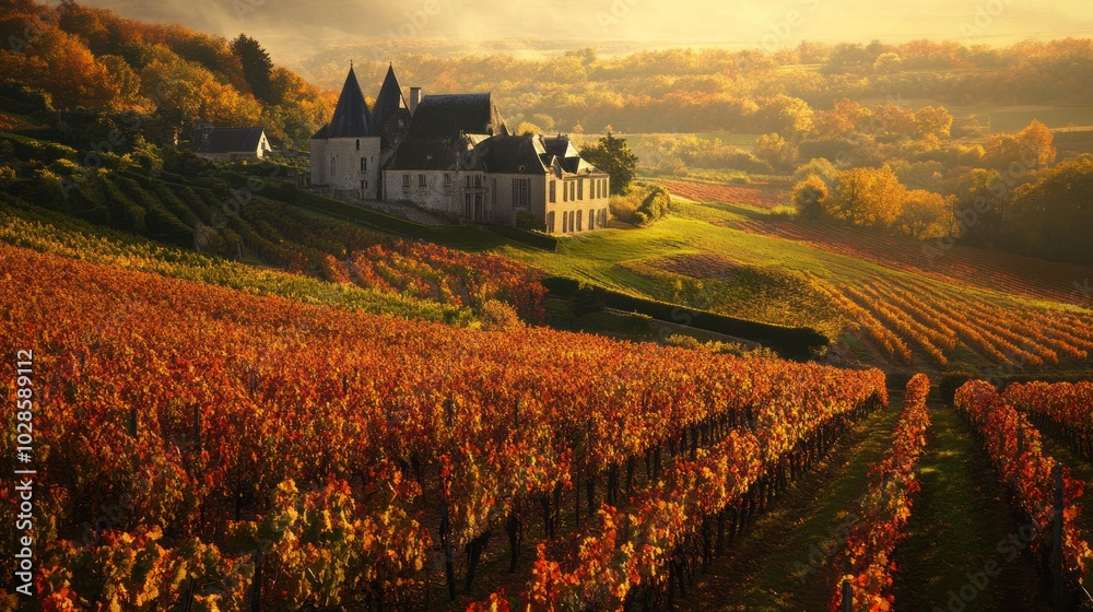 Wall mural A French Country Chateau Surrounded by Autumnal Vineyards at Sunrise