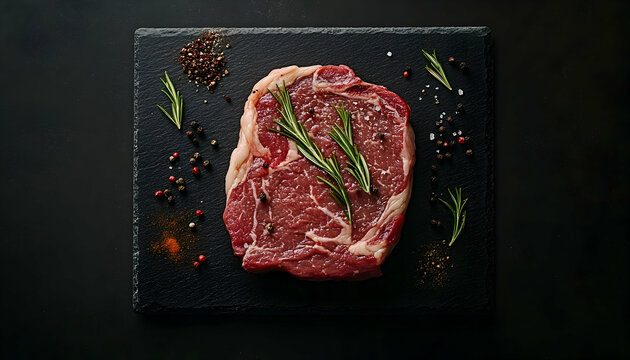 Top view of a fresh, uncooked ribeye steak garnished with rosemary and spices on a sleek black slate board - Powered by Adobe