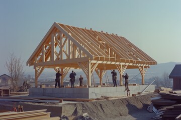 Carpenters collaborate on a timber frame structure during daylight at a construction site