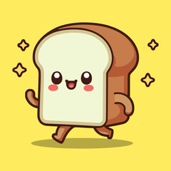 cute happy bread running kawaii cartoon character vector illustration template design