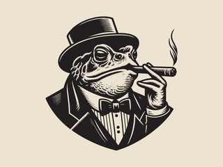 Fototapeta premium A frog in a tailcoat and top hat smokes a cigar. vintage engraving abstract vector illustration, emblem, print, tattoo sketch