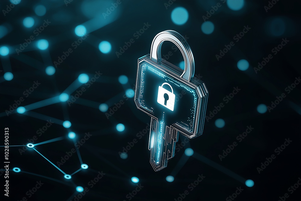Poster a digital key with a secure lock symbol, representing cybersecurity and data protection in a modern 