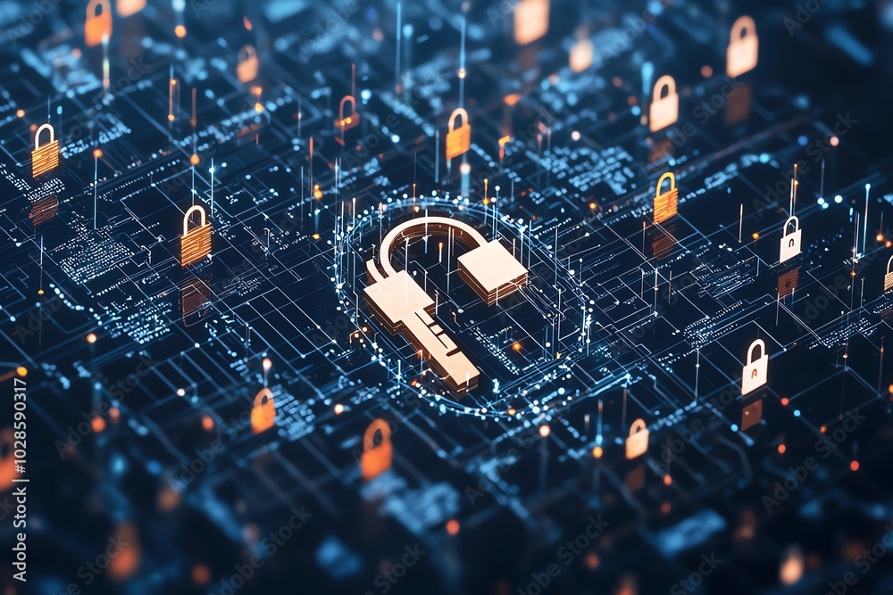 Poster a digital illustration of cybersecurity, featuring a central unlocked padlock amidst an array of sec