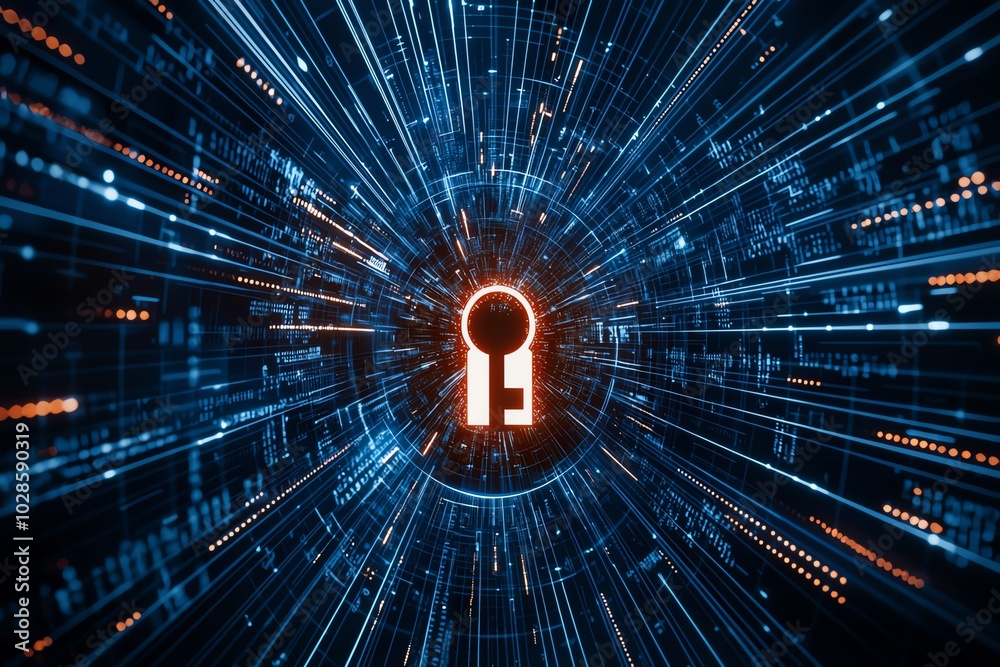 Aufkleber a digital keyhole surrounded by vibrant data streams, symbolizing security and encryption in a techn