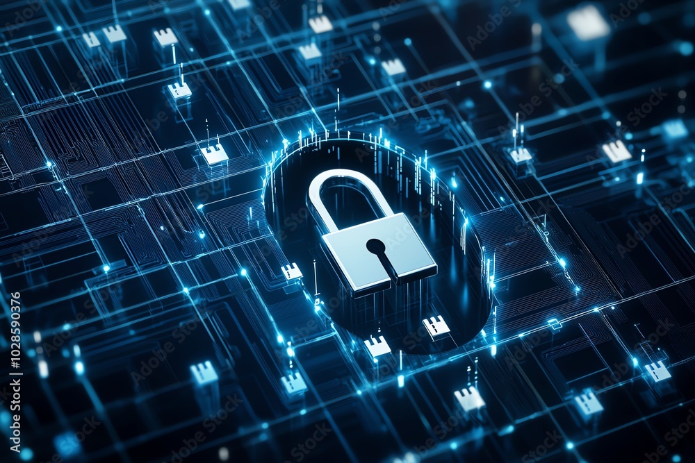 Poster a digital lock symbolizing cybersecurity and data protection in a futuristic network environment wit