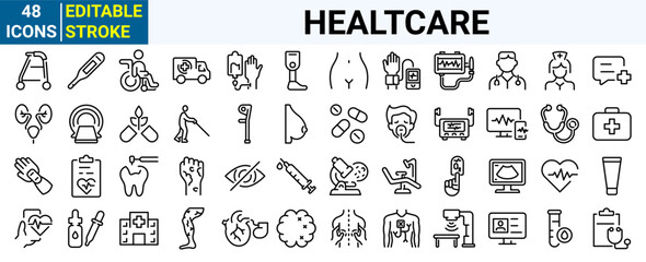 Healthcare related line icon set. Medicine and Health Care symbols. Emergency, medical equipment, doctor, lab, virus, prescription. Editable stroke
