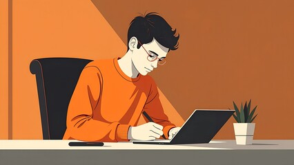 Young man writing at desk in cozy room.