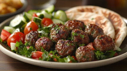 An Exquisite Plating of Kefta Accompanied by Fresh Vegetables and Warm Pita Bread