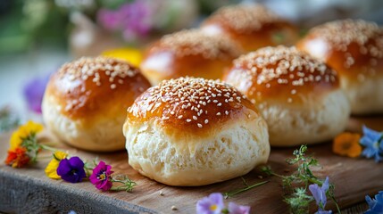 Mini brioche rolls topped with sesame seeds, isolated on a wooden board background with decorative honey drizzle and edible flowers