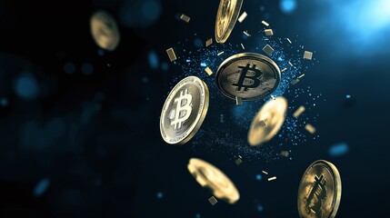 Naklejka premium A dynamic illustration of floating Bitcoin coins representing digital currency and modern finance in a futuristic setting.