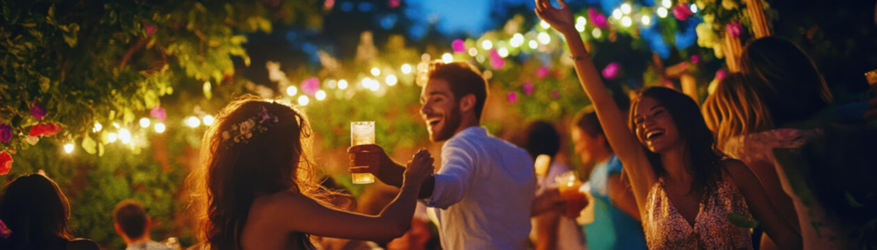 Dancing friends celebrate joyfully under fairy lights at outdoor garden party, surrounded by vibrant flowers and lively atmosphere