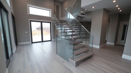 Modern Interior with Glass Staircase and Open Space