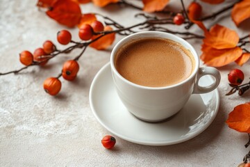 White coffee cup with a heart on top of it sits on a white saucer. Cup is filled with coffee, surrounded by autumn leaves. Coffee in cup and branches with orange leaves on a light background top view