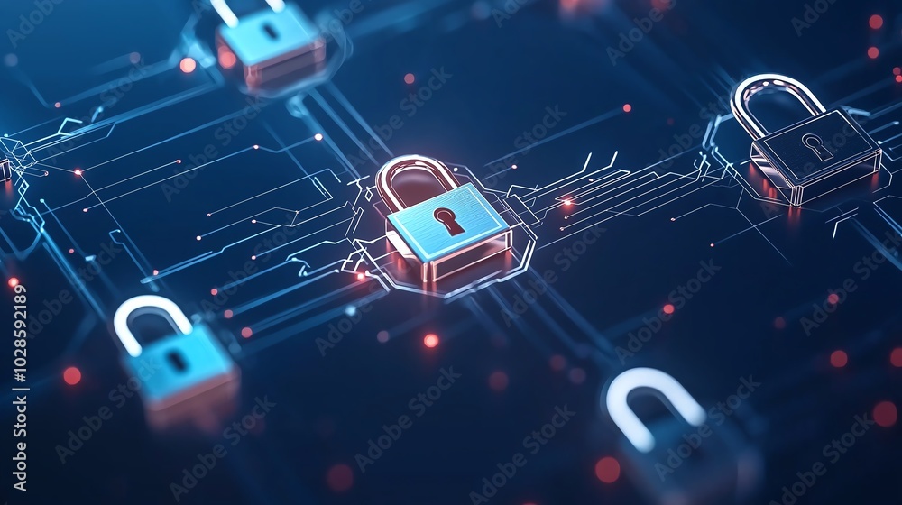 Aufkleber digital cybersecurity concept featuring interconnected locks, representing data protection and secur