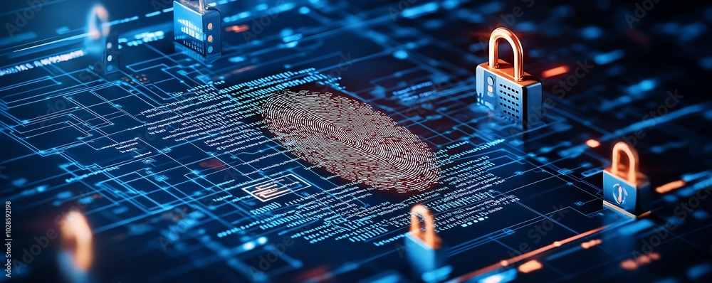 Poster digital fingerprint symbolizing cybersecurity and data protection in a connected world with advanced