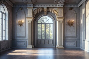 Elegant Classical Interior with Arched Window and Sconces