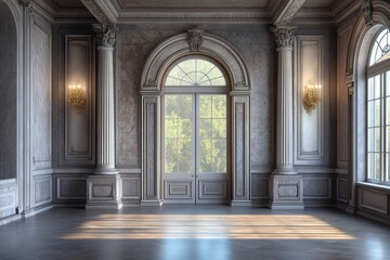 Fototapeta premium Elegant Neoclassical Interior with Sunlit Window Arches and Columns