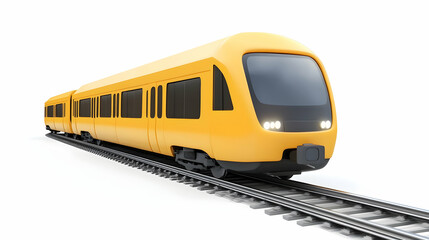 Yellow train or metro locomotive on rails, representing modern city transport in a 3D cartoon render, isolated on white background  