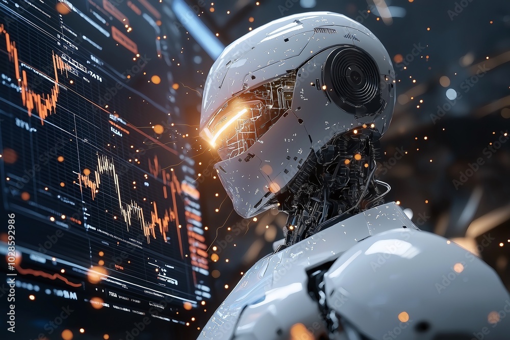 Aufkleber futuristic robot analyzing digital data on a screen with dynamic graphs, showcasing technology and i