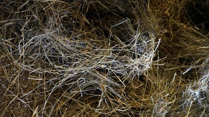 Stacked dry hay with a textured surface. Large hay bales are piled into a tall stack