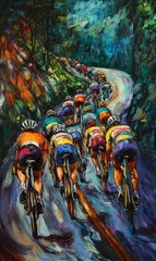 Fototapeta premium Cyclists race up a winding road.