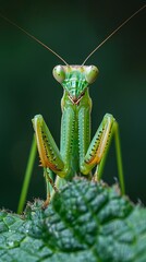 A striking macro shot of a green praying mantis perched on a leaf, showcasing its detailed body and alert expression.