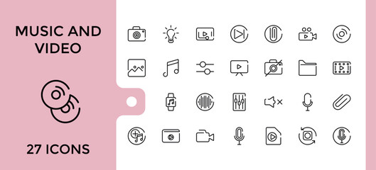 Music and Video Icons set. Flat icon collection. Thin line icons pack. Simple outline icons. Music, song, Play and more. Editable and pixel perfect.