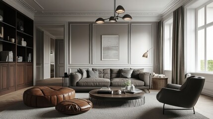 Modern living room interior with a gray sofa, brown leather ottomans, a wooden coffee table and a black armchair