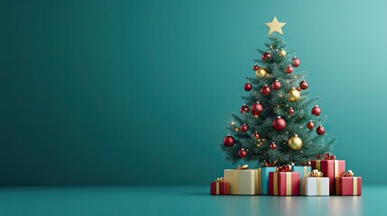 Decorated Christmas Tree with Presents on Teal Background