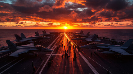 stunning sunset illuminates aircraft carrier, showcasing F/A 18 jets lined up on deck. Crew members prepare for operations, creating dynamic scene filled with energy and anticipation