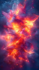 Fototapeta premium Abstract fiery crystal formation in a dark blue sky.