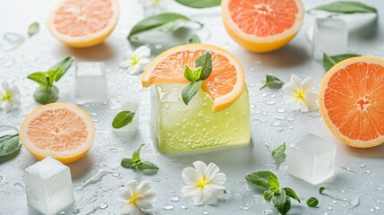 Chilled green tea with citrus slices, isolated on a light gray background with decorative ice cubes and edible flowers