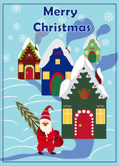 Christmas card with Santa Claus, Christmas tree,  snowflakes,  winter landscape. Vector. Blue, red, green, yellow
