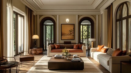 Luxurious Living Room with Arched Windows and Classic Furnishings
