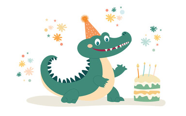  A cheerful crocodile wearing a party hat celebrates a birthday with a cake, surrounded by colorful decorations, perfect for children's events.