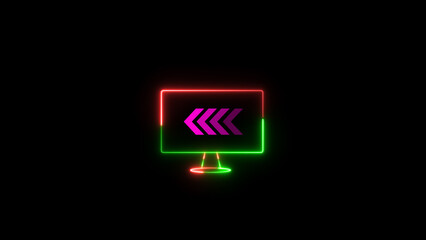 Fototapeta premium Glowing monitor with arrow points to the left. Flashing neon icon to the left arrow. left neon arrow. neon arrow sign with monitor icon.